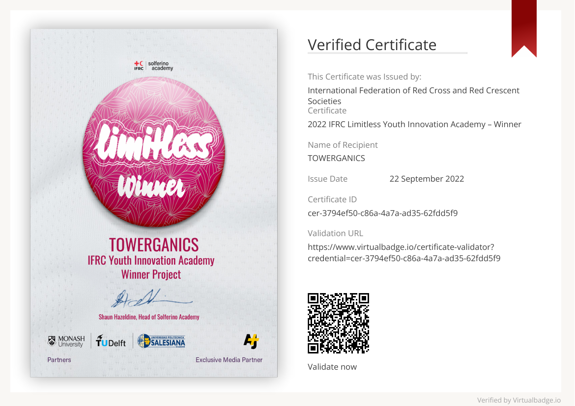 IFRC Limitless Youth Innovation Academy Winner certificate awarded to Towerganics